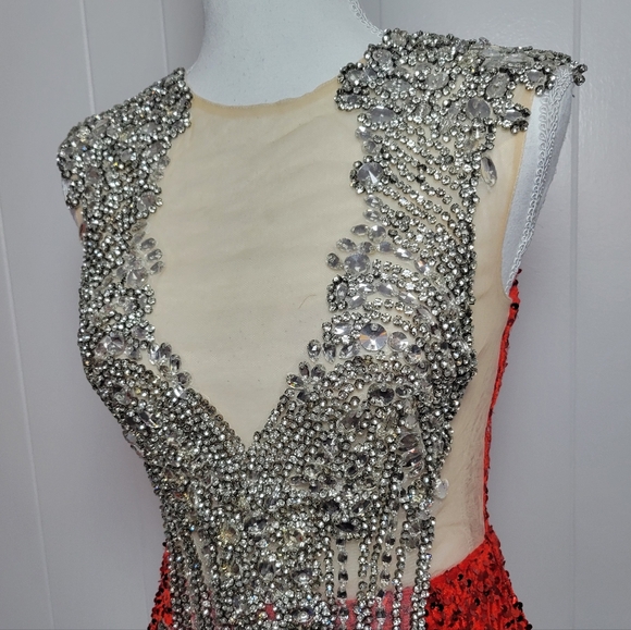 Silver Crystal Jeweled & Red Rhinestone Mesh Detail Formal Mini Dress Pageant S - Picture 3 of 15